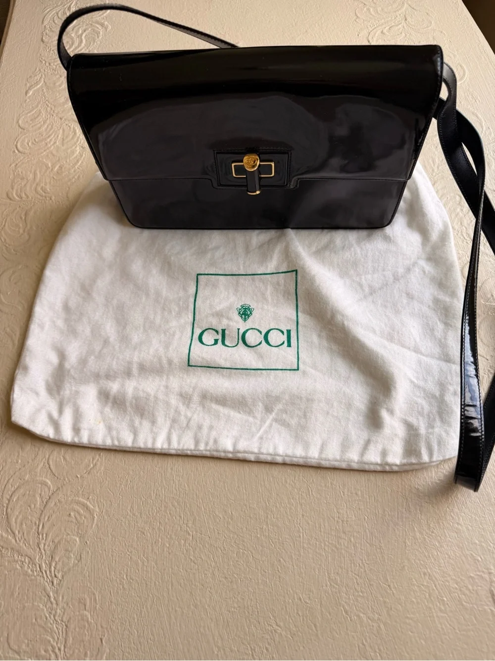 Gucci Black Patent Leather Velvet Interior with Gold Logo Plaque